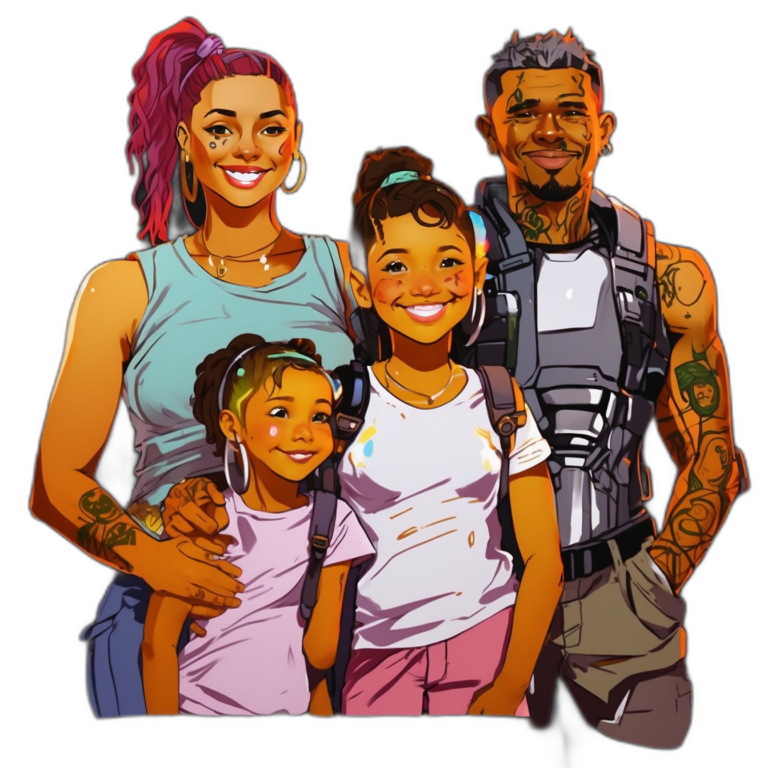 Illustration einer zukunftsorientierten Familie, angelehnt an den Cyberpunk-Stil