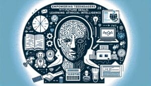 Illustration eines humanoiden KI-Kopfes, umgeben von Symbolen, die Technologie, Robotik, Wissenschaft und Bildung darstellen, mit dem Text "Empowering Teenagers with Future Skills: Künstliche Intelligenz lernen.