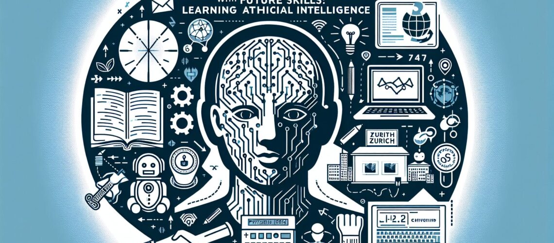 Illustration eines humanoiden KI-Kopfes, umgeben von Symbolen, die Technologie, Robotik, Wissenschaft und Bildung darstellen, mit dem Text "Empowering Teenagers with Future Skills: Künstliche Intelligenz lernen.