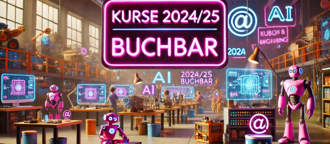 Ein futuristischer Klassenraum mit Robotern und Neonschildern. Auf den Schildern steht „Kurse 2024/25 Buchbar“ mit verschiedenen technologiebezogenen Symbolen und Bildschirmen, auf denen Informationen angezeigt werden.
