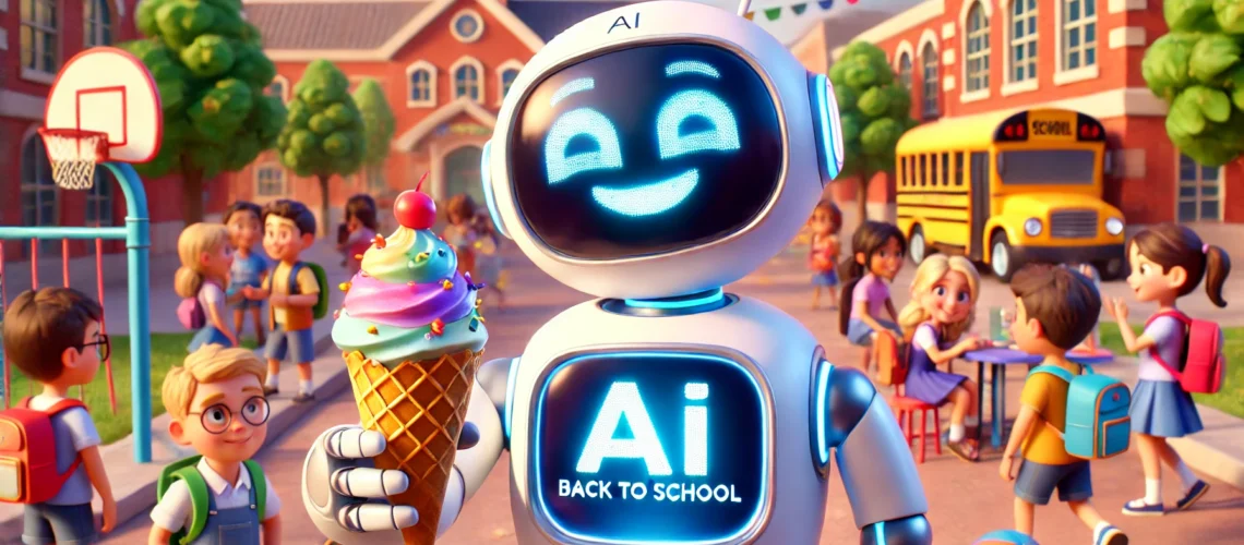 Ein lächelnder Roboter mit der Aufschrift „Teilnahmepakete für das RoboterLab für Kinder und Jugendliche (3. bis 10. Klasse)“ hält eine Eistüte auf einem Schulhof voller Kinder, einem Schulbus und bunter Dekoration. Auf der Brust des Roboters ist der Spruch „Back to School“ abgebildet.