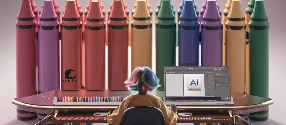 Prompt Engineering mit der KREIDE-Methode: Eine Person mit bunten Haaren sitzt an einem Schreibtisch mit einem Computer und entwirft ein Bild mit der Aufschrift „KI“ auf dem Bildschirm. Im Hintergrund stehen grosse Kreideskulpturen in verschiedenen Farben.