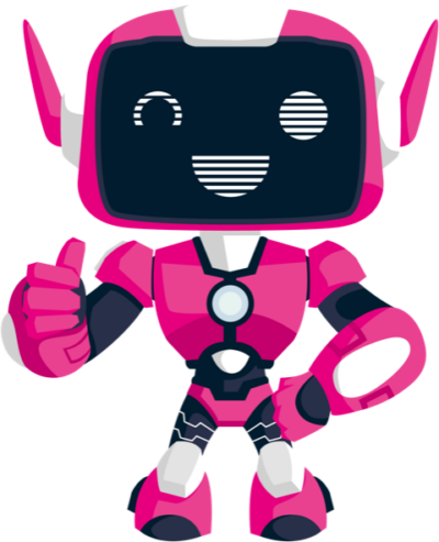 Ein freundlicher, pinker Roboter, der den Daumen hoch zeigt.